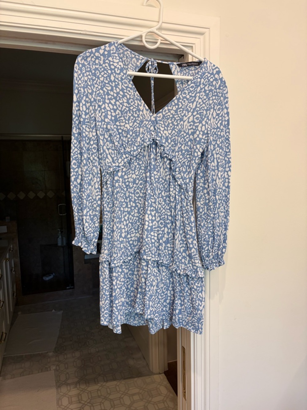 Zara Light Blue & White Printed Tiered Mini Dress